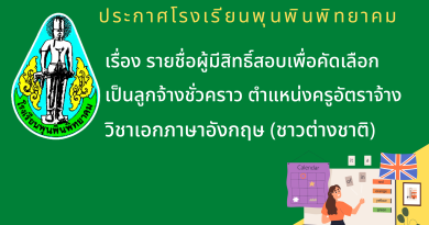 ประกาศโรงเรียนพุนพินพิทยาคม เรื่อง รายชื่อผู้มีสิทธิ์สอบเพื่อคัดเลือกเป็นลูกจ้างชั่วคราว ตำแหน่งครูอัตราจ้าง วิชาเอกภาษาอังกฤษ (ชาวต่างชาติ)
