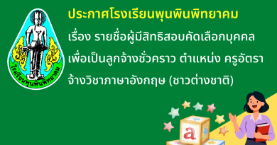 ประกาศโรงเรียนพุนพินพิทยาคม เรื่อง รายชื่อผู้มีสิทธิสอบคัดเลือกบุคคลเพื่อเป็นลูกจ้างชั่วคราว ตำแหน่ง ครูอัตราจ้างวิชาภาษาอังกฤษ (ชาวต่างชาติ)